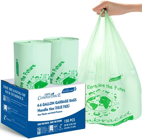 Vista 18 de BEIDOU-PAC Bolsas de basura compostables certificadas de 1.6 galones con asa, 125 bolsas de basura pequeñas de compost para cocina, bolsas de basura