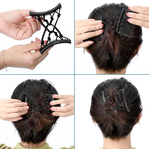 Vista 4 de 4 pinzas elásticas ajustables para el cabello, sin pliegues, para mujer, rizado, grueso, ondulado, color negro sólido, 4 piezas