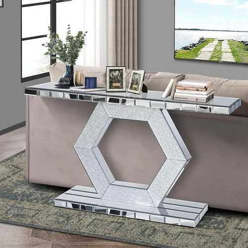 Vista 3 de Mesa consola con espejo de 55 pulgadas, mesa larga para sofá de sala de estar, oficina, detalles de cristal de diseño hexagonal, moderno escritorio