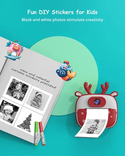 Vista 4 de Dragon Touch InstantFun2 - Cámara infantil con doble lente, papel de impresión, calcomanías, bolígrafos y bolsa para niñas y niños (rojo)