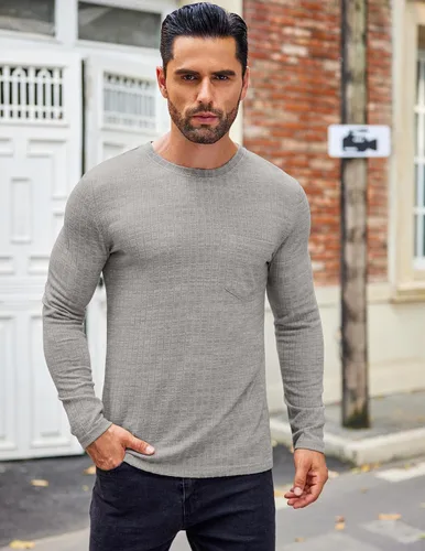 Vista 3 de COOFANDY Camiseta de manga larga para hombre, cuello redondo, para entrenamiento, fisicoculturismo, camiseta casual