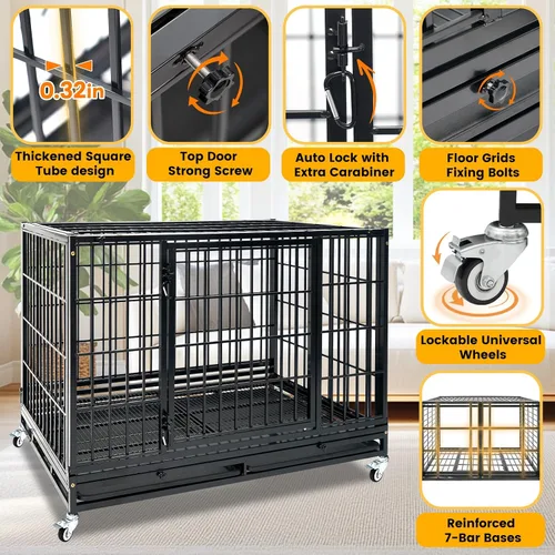 Vista 4 de Jaula apilable de 47 pulgadas para perros grandes de alta ansiedad, jaula indestructible a prueba de escapes para interiores con doble puerta