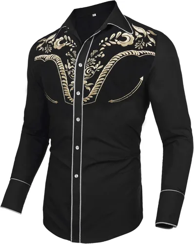Vista 3 de Daupanzees camisas bordadas de manga larga para hombre ajustadas informales abotonadas