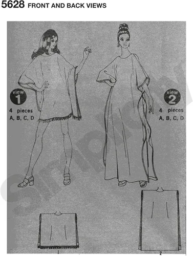Vista 4 de Simplicity UV5628OS Kit de patrón de costura para caftan vintage de moda de los 1970 para mujer, código 5628, tallas 8-40