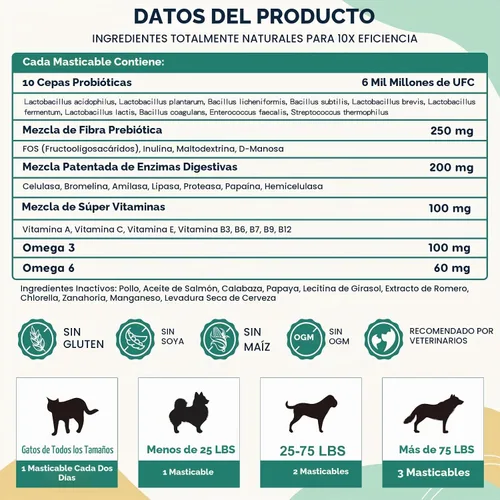 Vista 3 de ZEBORA Probióticos para perros, salud intestinal y digestiva, 120 masticables liofilizados
