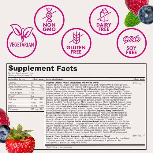Vista 7 de Zena Nutrition Polvo orgánico Super Greens, más de 70 superalimentos, 0 azúcar, fibra 5G, espirulina, clorella, antioxidantes