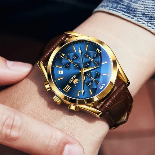Vista 8 de OLEVS Reloj cronógrafo de cuarzo para hombre correa de cuero dorada con fecha de día reloj de pulsera de acero inoxidable impermeable relojes
