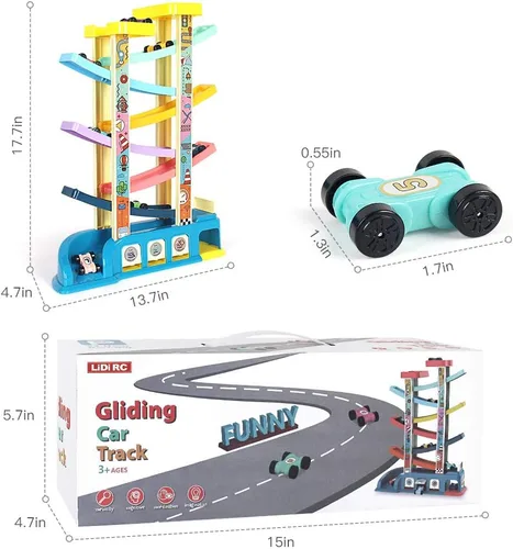 Vista 7 de Juguete deslizante para niños pequeños, pista de carreras con 6 rampas y 8 mini autos, juguetes de carreras de zig zag Slide regalos para niños