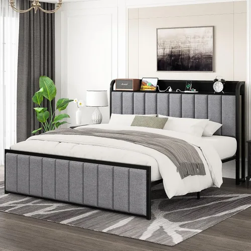 Vista 7 de VECELO Queen Bed Frame, Storage Upholstered Headboard with Charging Station, Platform Bedframe, Heavy Duty Metal Slats, No Box Spring Needed
