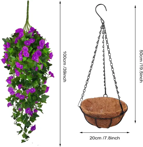 Vista 7 de Cesta de flores artificiales colgantes para decoración de primavera al aire Morado