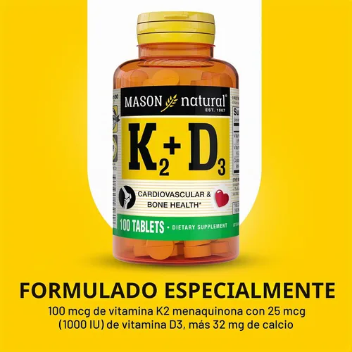 Vista 4 de MASON NATURAL Vitamina K2 100 mcg Plus Vitamina D3 - Apoya la salud ósea, cardiovascular y muscular, 100 tabletas 100mcg K2 with 25mcg (1000 IU)