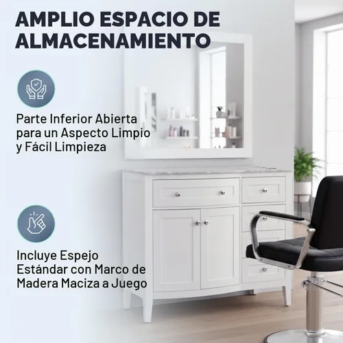 Vista 4 de Buy-Rite Denali - Estación de peluquería de salón de 42 pulgadas y espejo de 40 x 36 pulgadas, acabado blanco, madera maciza, encimera de cuarzo