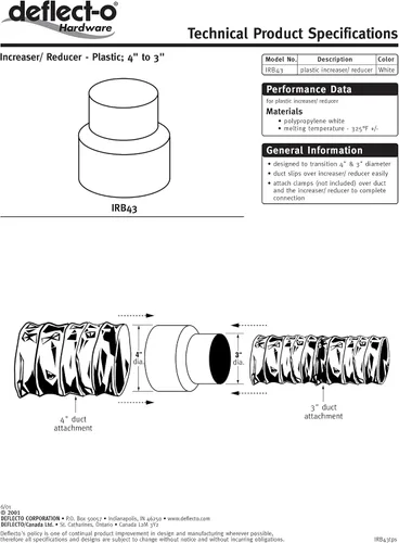 Vista 2 de Aumentador y reductor de conductos Deflecto, adaptador en línea de plástico, blanco, de 4" a 3" (IRB43)