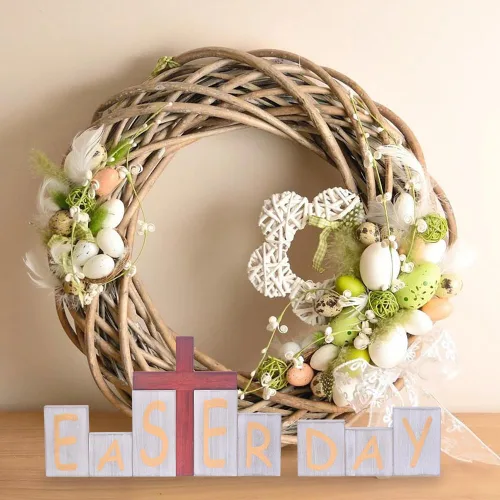 Vista 3 de Ovootok Letreros de Bloques de Madera de Navidad, Letrero de Mesa de Madera de Granja de Doble Cara, Decoraciones de Pascua de Escritorio Bandeja