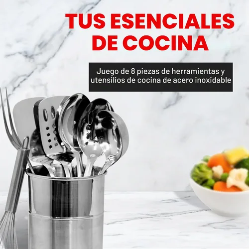 Vista 2 de Chef Craft - Juego de utensilios de cocina de acero inoxidable de 8 piezas con soporte para utensilios
