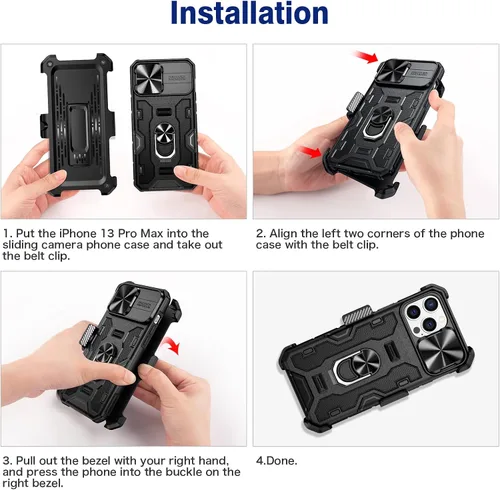 Vista 8 de VEGO Funda para iPhone 13 Pro Max/iPhone 12 Pro Max con soporte, cubierta deslizante para cámara y funda con clip para cinturón, funda protectora