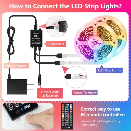 Vista 3 de Tiras de luces LED de 65.6 pies (2 rollos de 32.8 pies), tira de luces RGB que cambia de color 5050 con control remoto IR de 40 teclas, luces