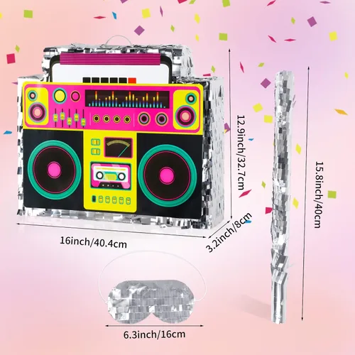 Vista 2 de Boombox Piñata con palo con los ojos vendados de los años 80, hip hop, juego de piñata mexicana para fiesta de regreso a los 80, regalos de radio