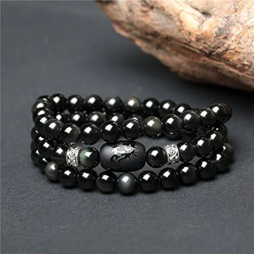 Vista 2 de Pulsera de obsidiana de cristal grabado con dragón o fénix totem cilindro cuentas hombres o mujeres cadena de piedra natural famosa moda 12MM 10MM