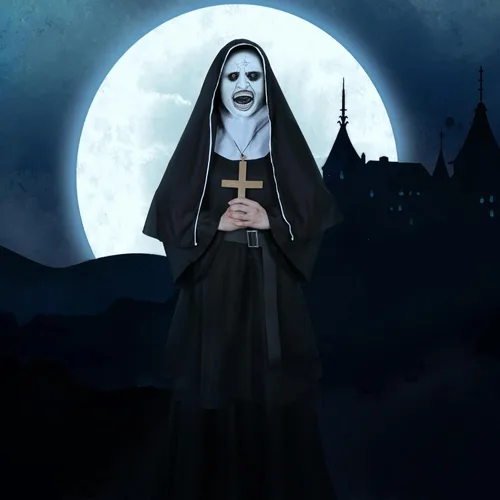 Vista 4 de Vermeyen Disfraz de monja para mujer, disfraz de monja aterradora para Halloween, cosplay con máscara