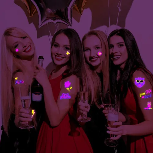 Vista 4 de Konsait Tatuajes temporales de neón, 48 estilos Tatuajes de vaquera de discoteca rosa con luz negra para despedidas de soltera y fiestas