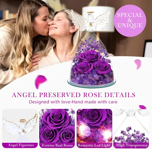 Vista 4 de Regalos de rosas preservadas para mujeres, flores frescas eternas en cristal con figuras de ángel para entrega, rosas moradas para abuela, mamá