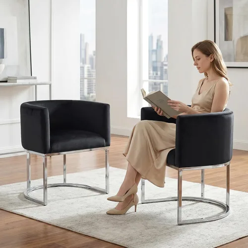 Vista 13 de HNY Silla de comedor moderna de mediados de siglo tapizada en forma de barril, negra, con brazos, silla de cocina y comedor de cuero, silla auxiliar