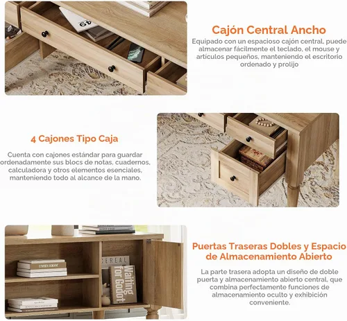 Vista 6 de Escritorio ejecutivo de estilo granja WAMPAT con 5 cajones, escritorio de oficina para el hogar con estación de carga, escritorio de madera