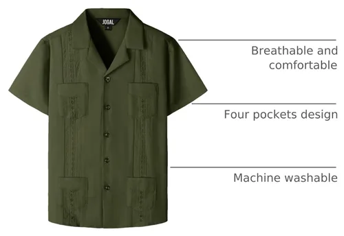Vista 4 de JOGAL Camisas guayabera cubanas para niños de manga corta con botones, camisa casual de playa Verde militar