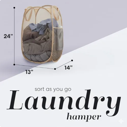 Vista 2 de Handy Laundry - Cesta de lavandería plegable de malla emergente con abertura ancha y bolsillo lateral - Diseño transpirable, resistente, plegable