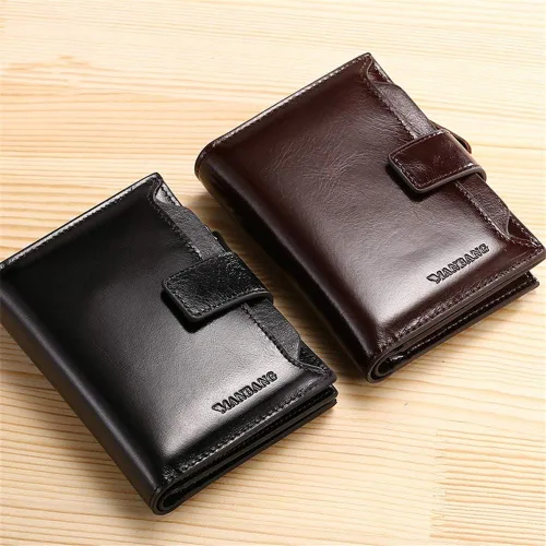 Vista 3 de JIUFENG Cartera de cuero genuino para hombre, con bloqueo RFID, plegable, con cremallera, organizador de tarjetas, recortador de dinero, Negro