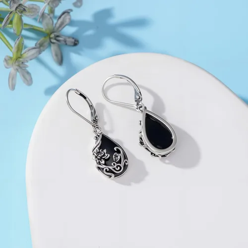 Vista 4 de Aretes colgantes de margaritahibiscolotorosapeoníagirasol, plata de ley 925, lágrima, ónix negro, aretes colgantes de flores vintage, regalos