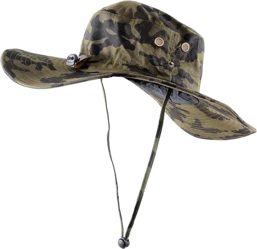 Vista 2 de Sombrero de camuflaje militar de ala ancha para pesca de verano, caza, camping, senderismo, sombrero de sol al aire libre, sombrero Boonie Verde