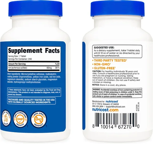 Vista 6 de Nutricost Hierro (Como Sulfato Ferroso) 65mg, 240 Tabletas - Sin OGM, Sin Gluten