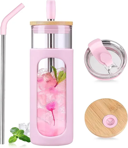 Vista 13 de Kodrine Vaso para agua de vidrio de 20 onzas con popote y tapa, botella de agua con tapas de bambú, taza para café helado, reutilizable, boca ancha