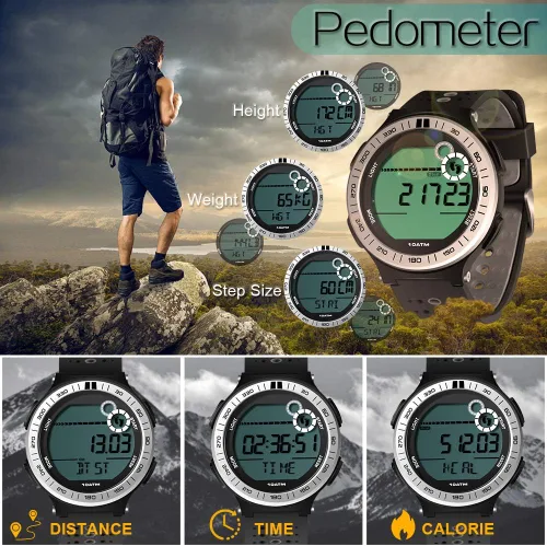 Vista 3 de Reloj para hombre, podómetro, reloj de buceo subacuático, 10 ATM, impermeable, con cronómetro de regazo y función de reloj despertador, formato