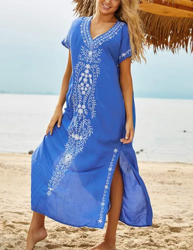 Vista 5 de Eddoyee Vestidos largos de caftán bordados para mujer, playa, caftán, Blanco