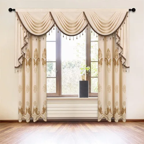 Vista 7 de ELKCA Cortinas de chenilla beige con patrón bordado para sala de estar, cortinas europeas para dormitorio, ojal superior