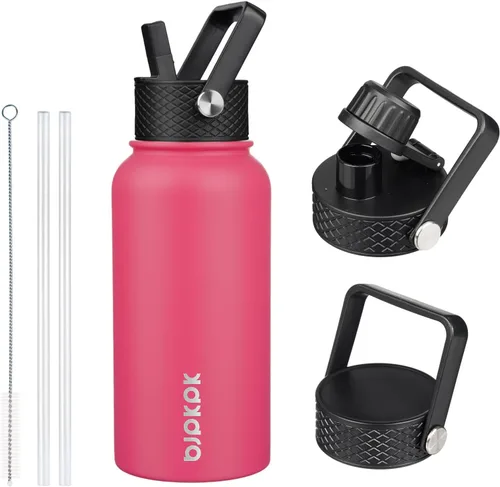 Vista 71 de BJPKPK Botellas de Agua Aisladas con Tapa de Pajita, Botella de Agua de Acero Inoxidable de 18oz, Termo Frío Caliente con 3 Tapas, Vaso de Viaje a
