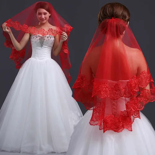 Vista 4 de ZEALMAX Diadema clásica roja para novia velo de boda velo de encaje largo simple translúcido para mujer Rojo