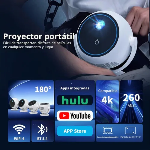 Vista 2 de Mini proyector, proyector portátil 4K ayuda 1080P y altavoz de 5W Redonda