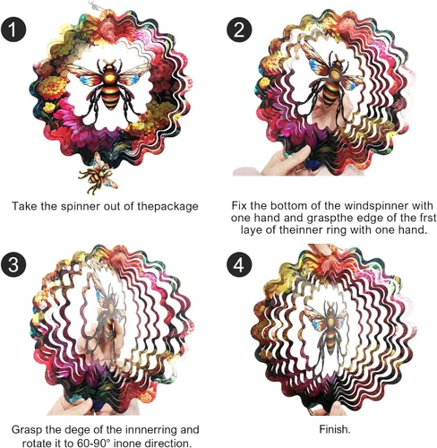 Vista 7 de Molinillos de viento de abeja para patio y jardín, 12 pulgadas de metal grande giratorio de viento colgante para mujeres/hombres, esculturas