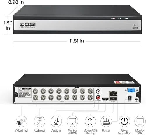 Vista 2 de ZOSI H.265+ 1080P FHD 16 Canal DVR para Sistema de Cámara de Seguridad Doméstica con Detección de Humanos y Vehículos AI, Grabadora DVR CCTV