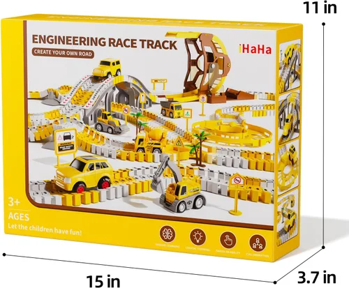 Vista 8 de iHaHa 299 piezas de pistas de carreras de construcción para niños, 6 piezas de autos de ingeniería y pista de carreras flexible crea un camino