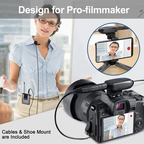 Vista 2 de Alvoxcon Sistema de micrófono inalámbrico Lavalier de doble canal UHF con control de volumen para iPhone, DSLR, altavoz PA, YouTube, Podcast