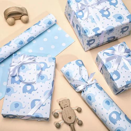 Vista 5 de woric Rollo de papel de regalo reversible para baby shower, de 17 pulgadas x 33 pies, papel de regalo para bebé niño con diseño de elefante azul