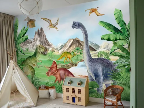 Vista 5 de Murwall Kids Soft Dinosaur Wallpaper Jurassic World Wall Mural Prehistoric Trex Wallpaper