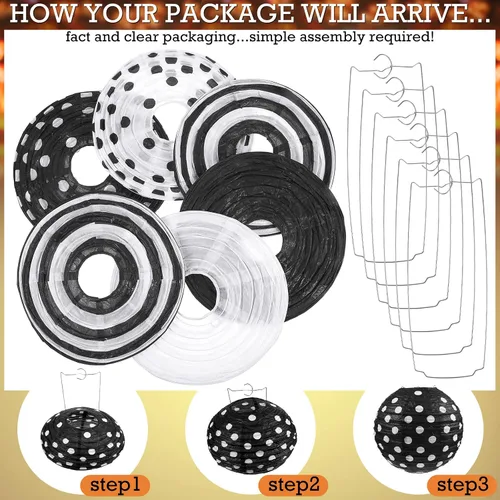Vista 3 de Treela Paquete de 6 linternas de papel en blanco y negro de 8 pulgadas redondas con patrones de lunares a rayas para regreso a clases, aula, fiesta
