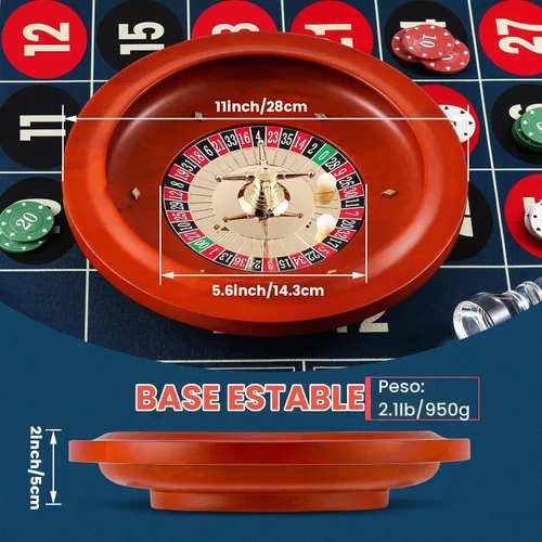 Vista 2 de Juego de ruedas de ruleta de 11 ": Rueda de ruleta sólida con 47.2 * 23.6 "Diseño de mesa de ruleta Alfombrilla de fieltro 100pcs ABS fichas