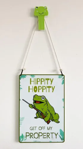 Vista 4 de Bestylez Divertido letrero de metal para puerta, decoración de rana para dormitorio, bar, garaje, patio, regalo de rana Hippity Hoppity Get Off My